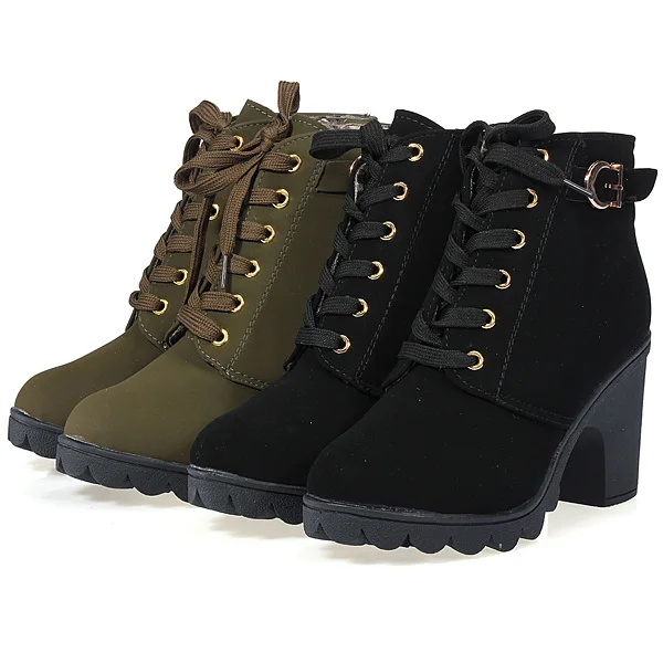 Women Chunky Block High Heel Ankle Boots Winter Nubuck