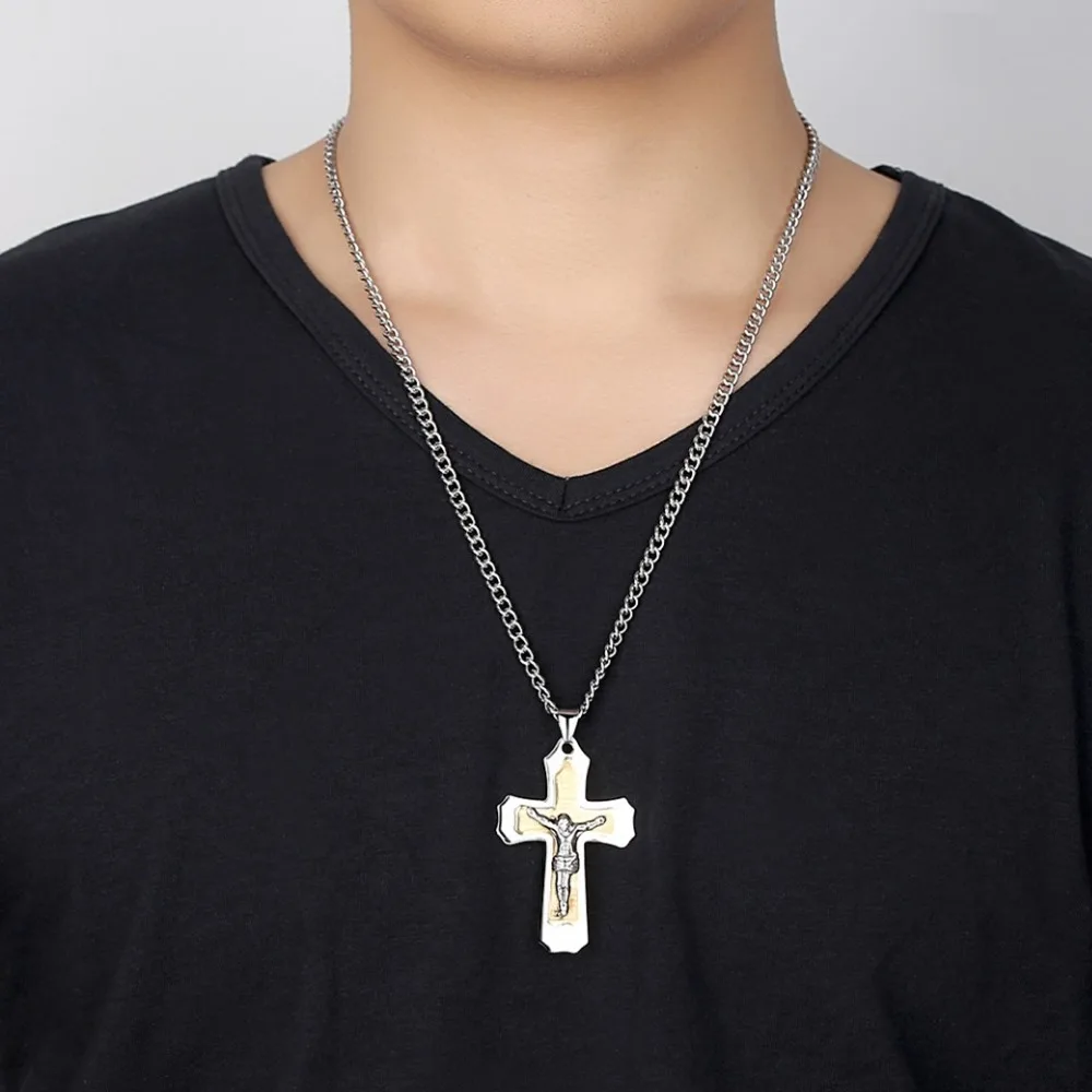 Gold Multilayer Cross Christ Jesus Pendant Necklace for Men