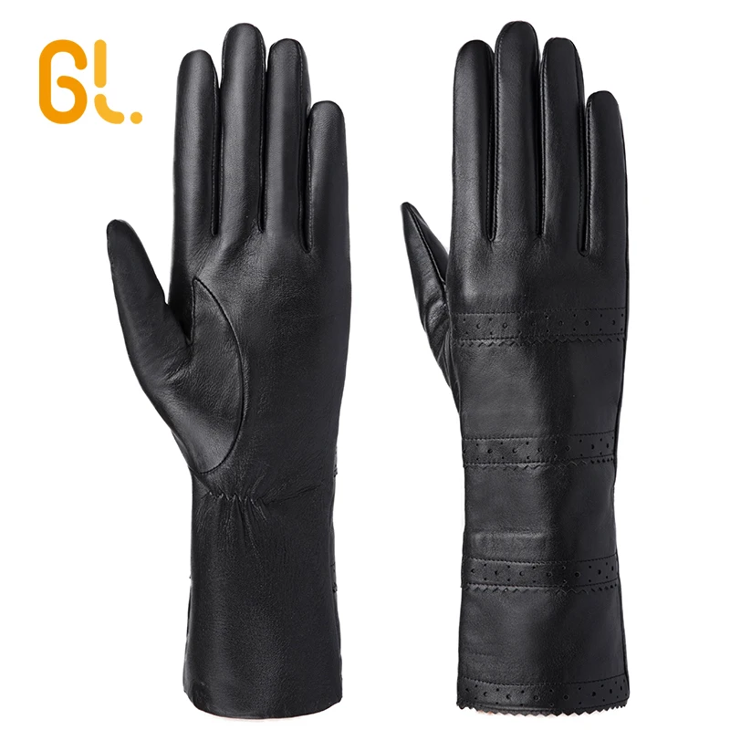 Ladies Soft Long Black Ethiopia Sheep Leather Gloves for Winter