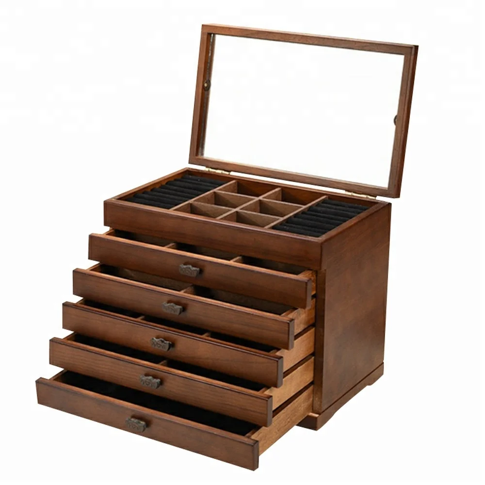 WOODEN CARVED JEWELLERY BOX WITH 3 DRAWERS IN BROWN COLOR 
