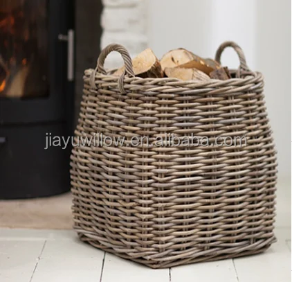 Handmade Log Basket Wicker Holder Log Basket with Wheels Wholesale
