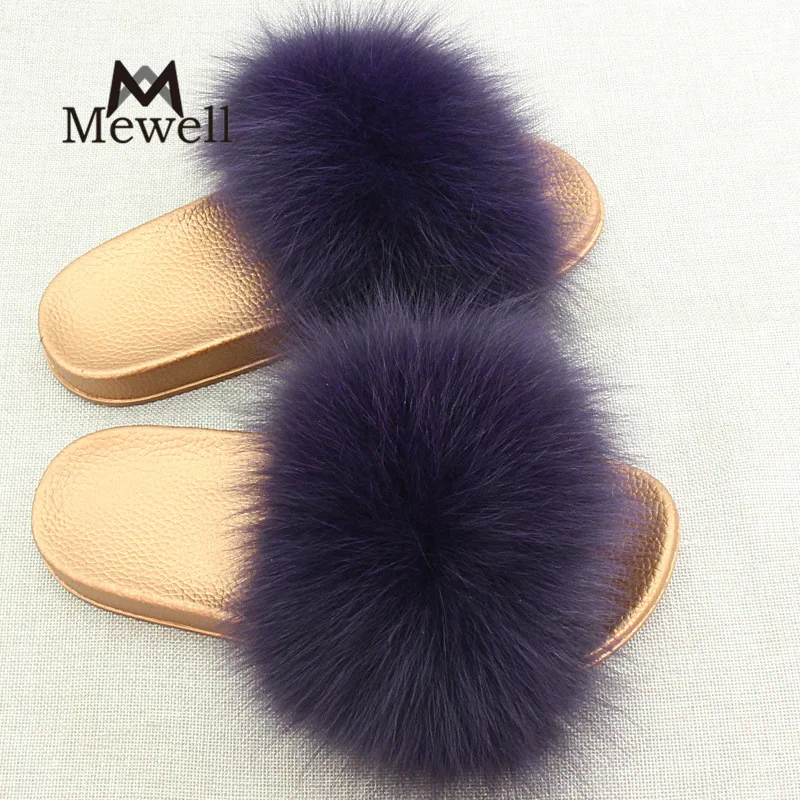 Mùa đông Lông Thú Thật Phụ Nữ Home Dép Thời Trang Cô Gái Gót Chân Phẳng Fox Fur Đi Trong Nhà