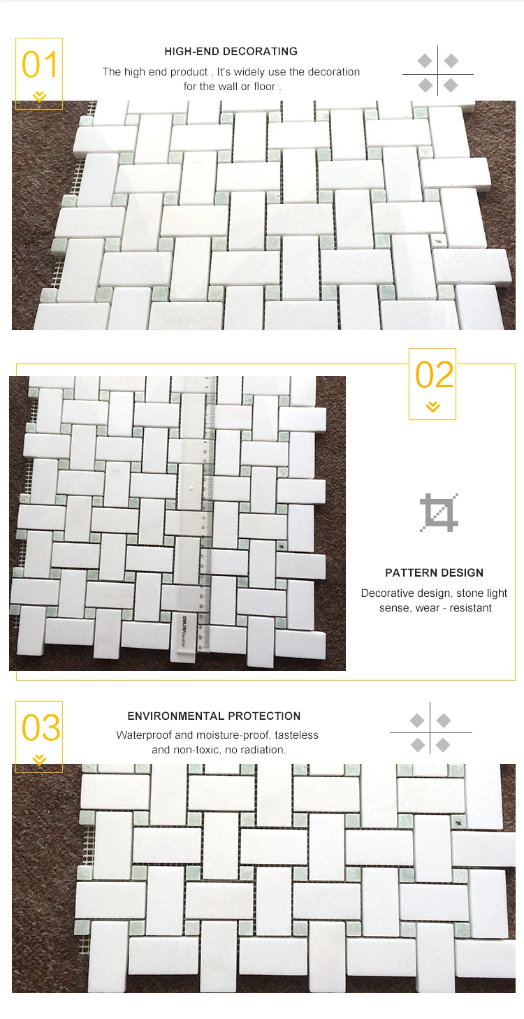 Thassos White Interior Mosaic White Mix Green Basketweave Marble Tiles for Bathroom Wall and Floor details