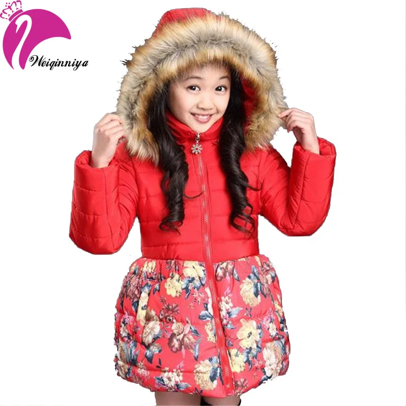 New 2016 Autumn Winter Girls Coat Plus Thick Velvet Floral Cotton Padded Fashion Fur Collar Hooded