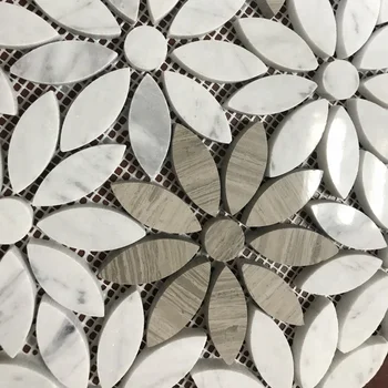 Flower Pattern White Carrara Waterjet Marble Mosaic For Kitchen ...