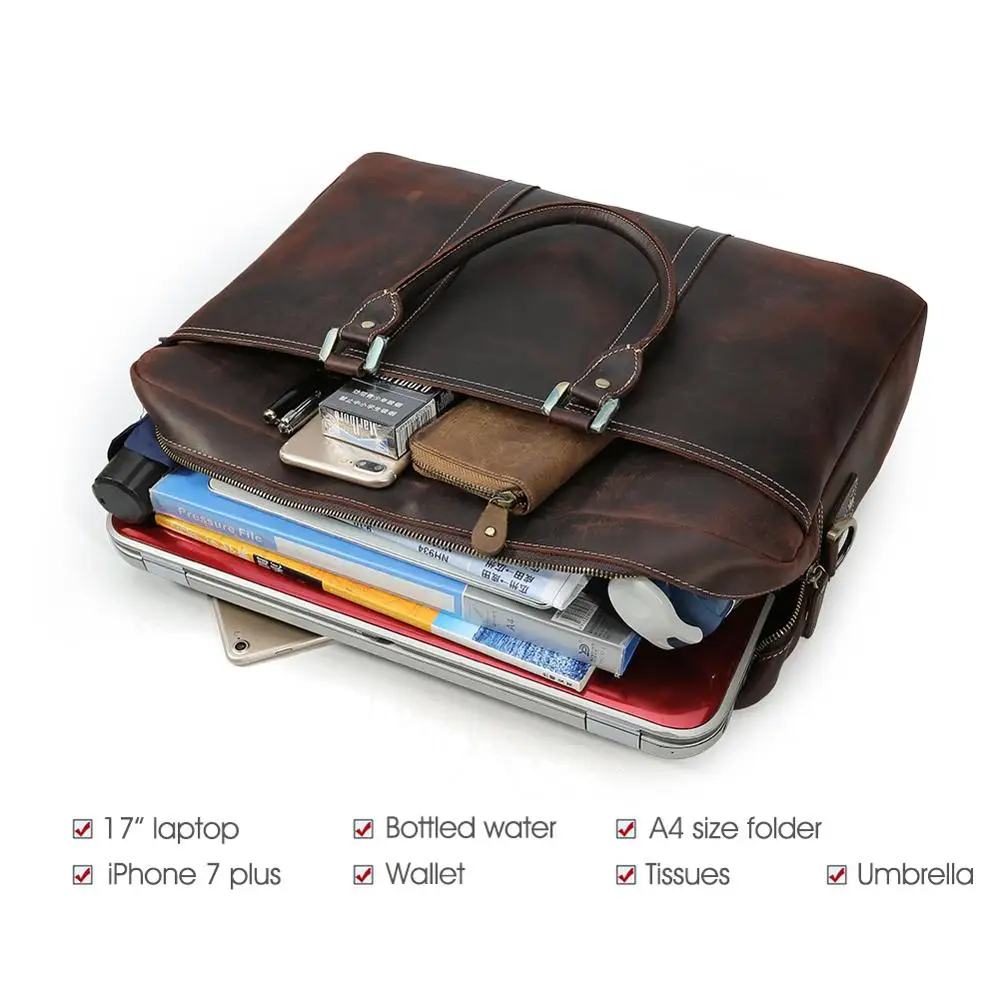 Vintage Crazy Horse Leather Men Briefcase Retro Genuine Leather 17 Inch Laptop Briefcase Bag