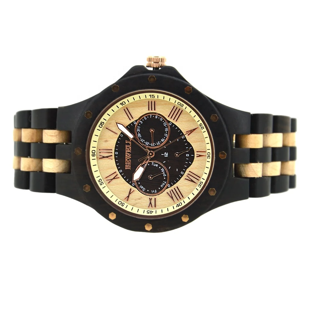 Bewell Wooden Watch with Japan Multi Function 6P29 Movement