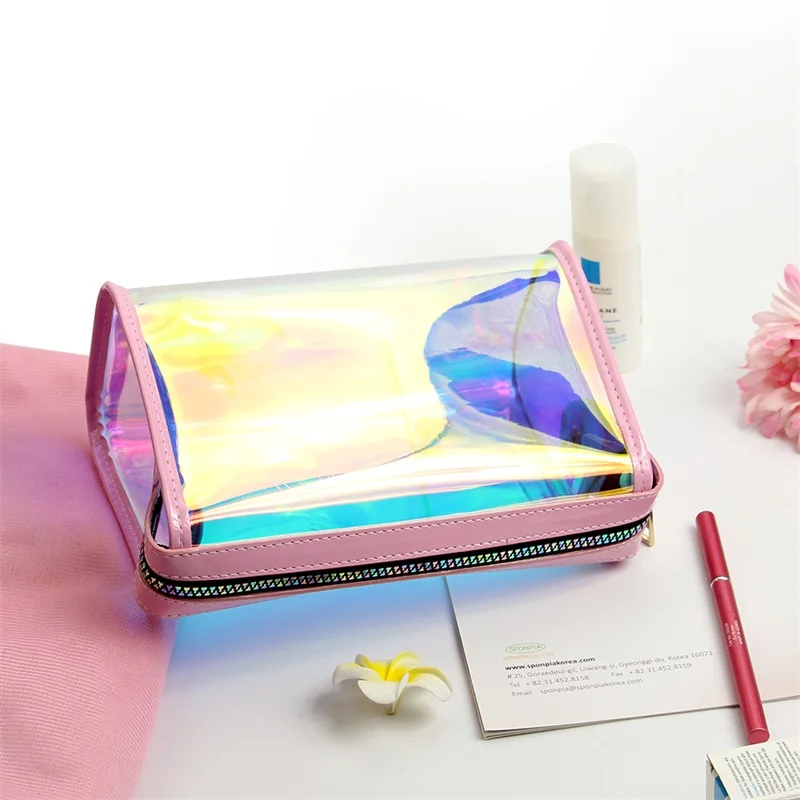 Оптовая продажа модная голографическая ПВХ лазерная прозрачная косметичка от производителя