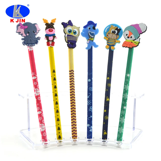 High Quality New Velvet Flocked Color Fabric Wrapped Wood Pencil Animal Topper Pencils with Cartoon Animals tiger lion zebra on Top