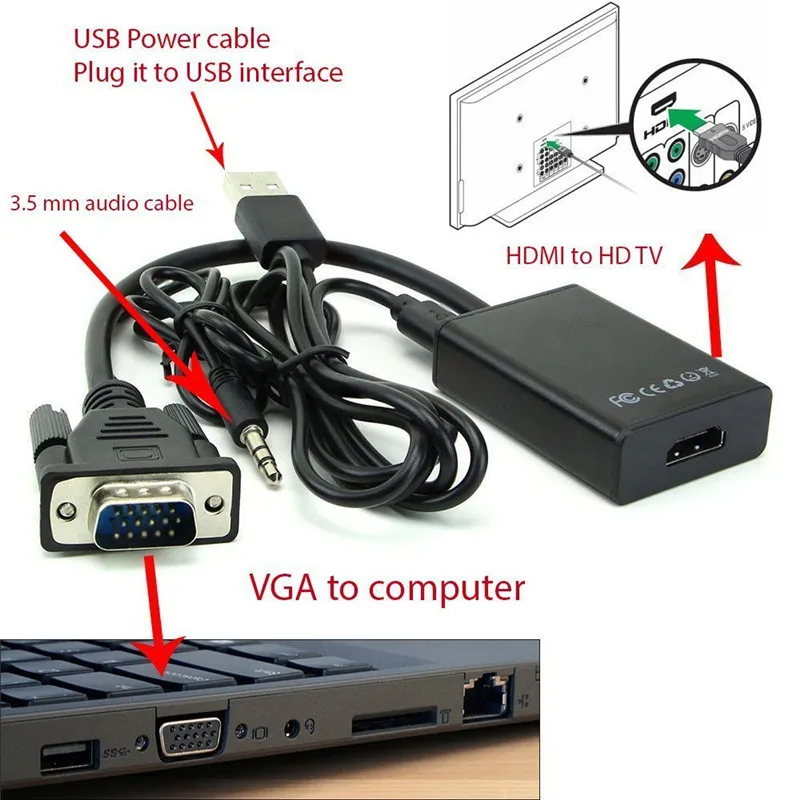 VGA конвертер HDMI кабель адаптер с аудио выход 1080P переходник внутренней резьбой питание через порт USB для портативных ПК к