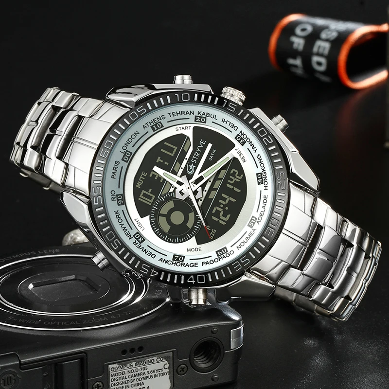 Stryve Brand Luxury Watch Dual Time Chrono Clock Stainless Steel Heavy Dial Waterproof Sports Men Quartz Wrist Watches