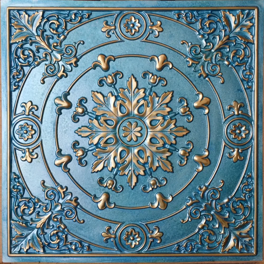 PL18 Faux tin finishes 3D emboss cyan gold ceiling tile