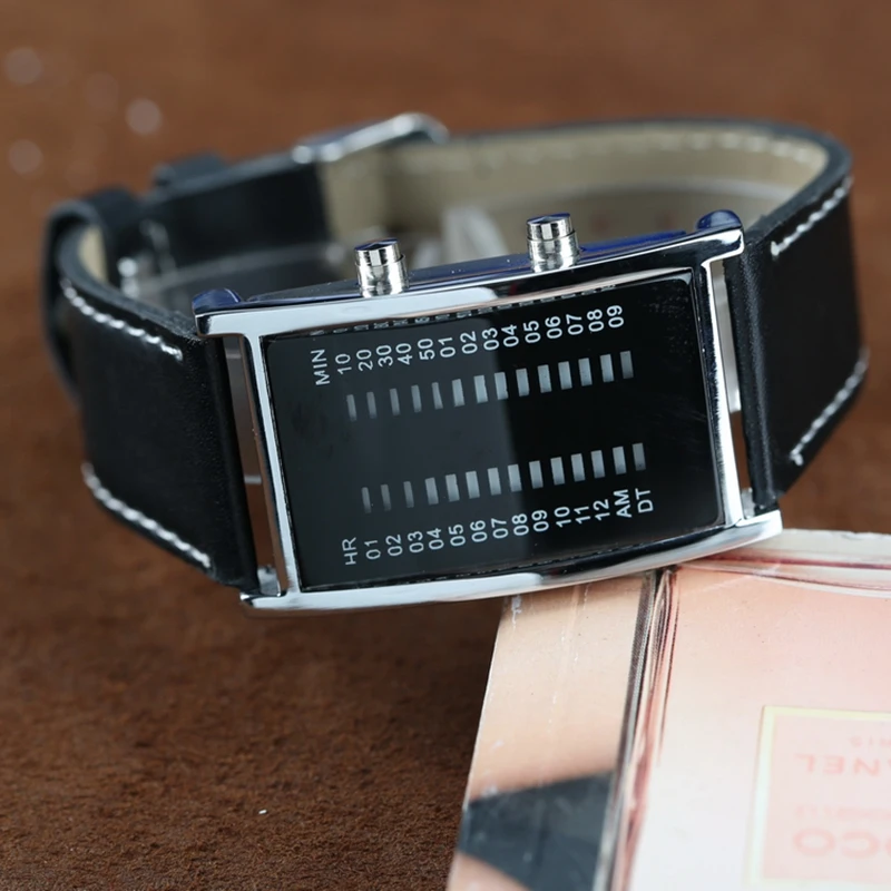 Unique Bridge Rectangle Shape Binary Led Watches Men Fashion Blue Light Display Leather Luxury Sports Digital Watch Relojes Hot