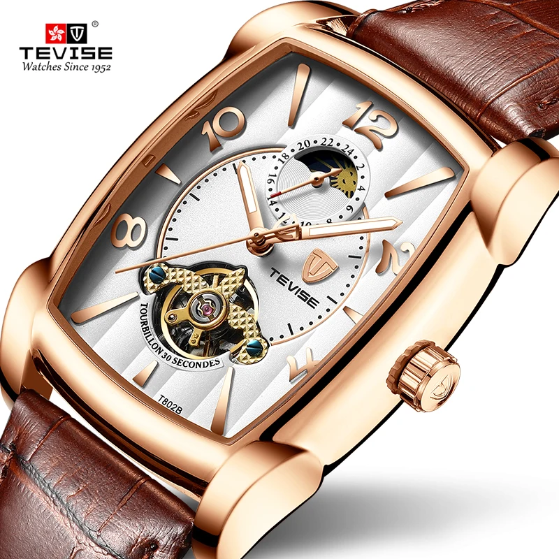 TEVISE Moon Phase Tourbillon Luminous square Shaped case Leather Automatic Mechanical Men Watch T802B