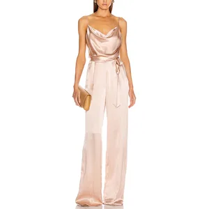 Sleeveless Satin Waist Tie Office Casual Women One Piece Jumpsuit with Long Pants