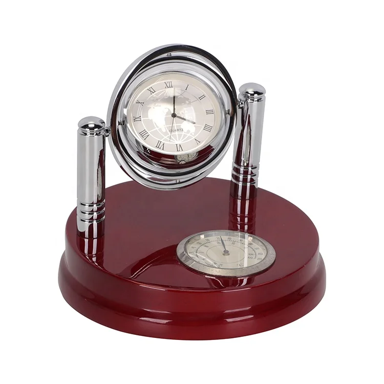 Swiveling Round Wood Base Globe Desk Clock with Thermometer