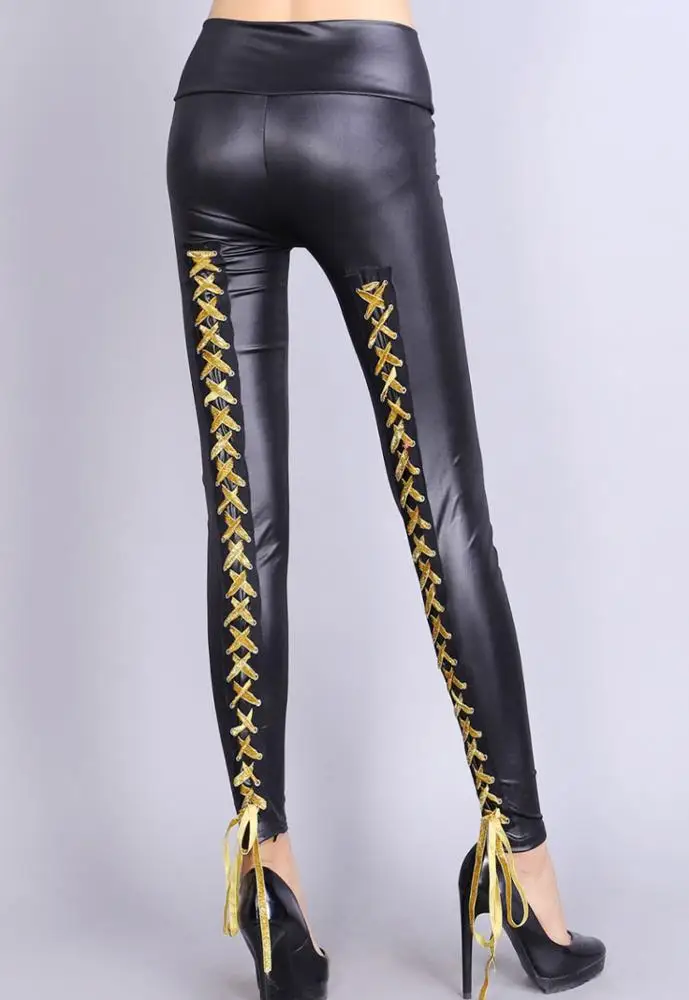 Women's Gothic high waist Shiny PU Leather Leggings lace up back trousers  Pants