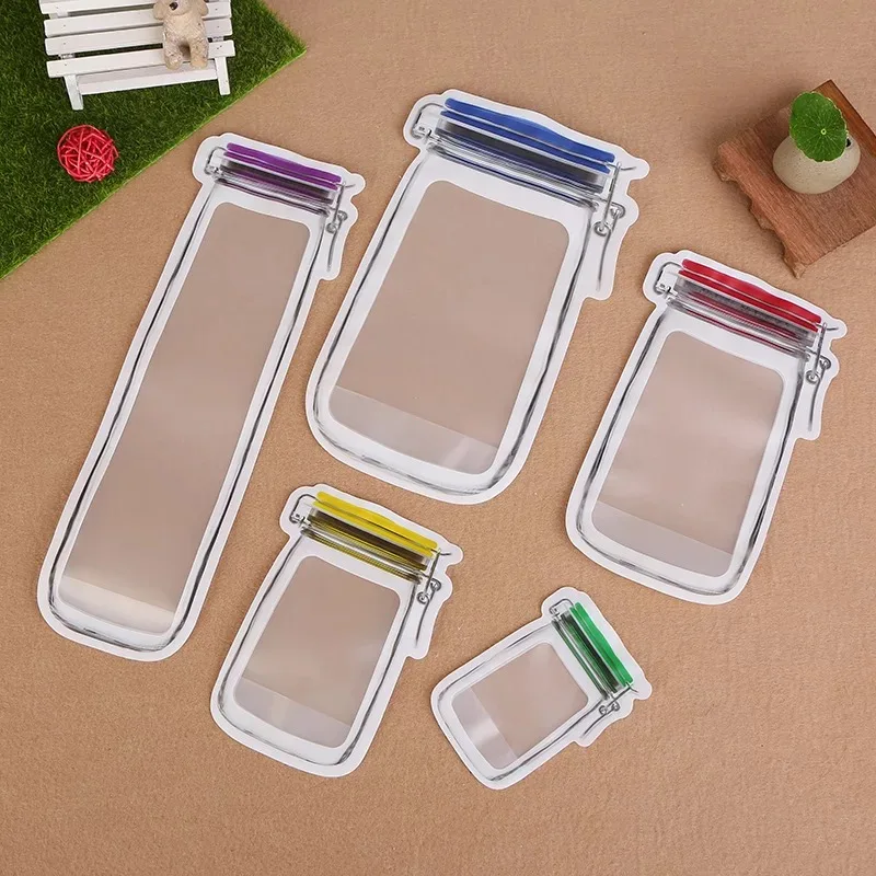 Reusable Mason Jar Ziplock Bags Portable Bottle Shape Smell Proof Stand up Zipper Bag Plastic Ziplock Pouch With Matte Window