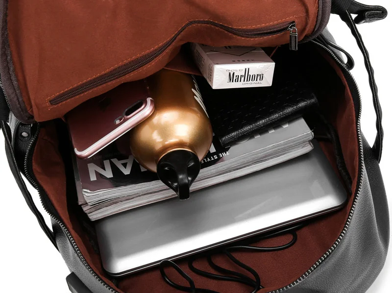 Fashion Travel Big Capacity Popular PU Men Women Leather Backpack with Earphone Hole