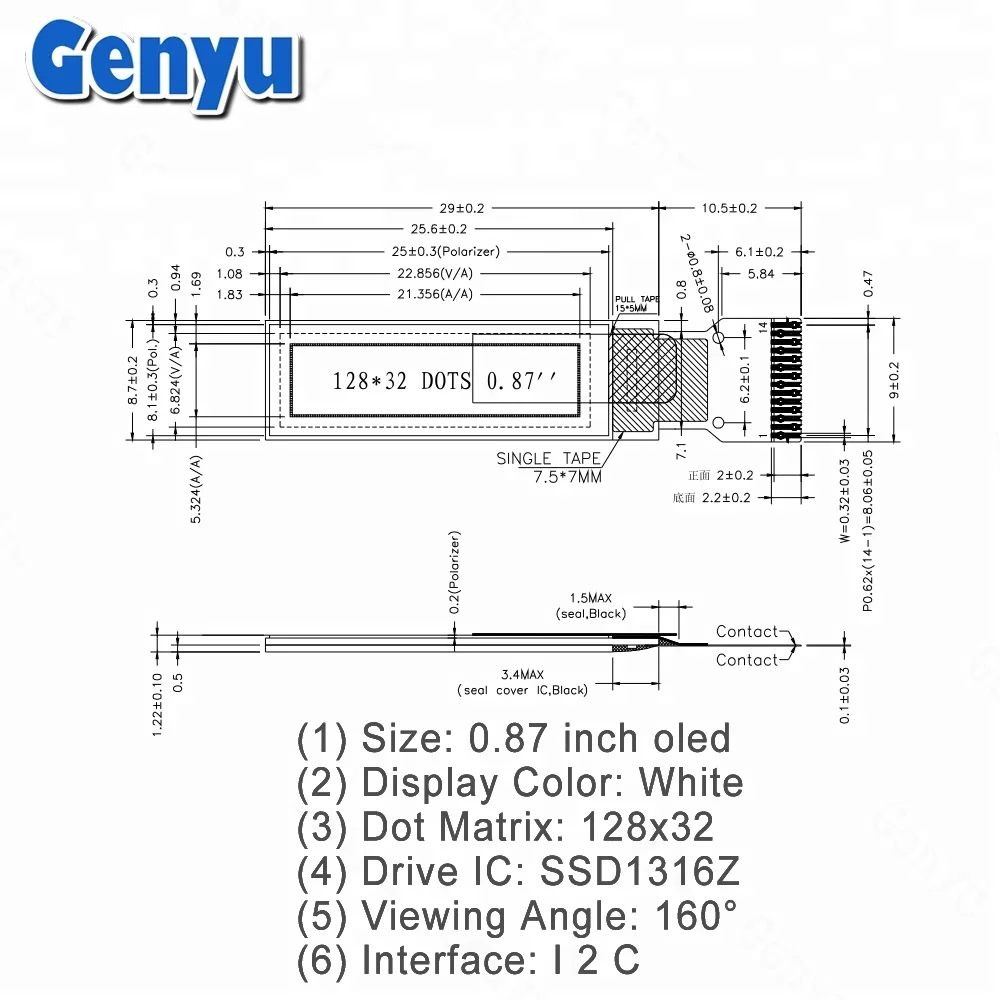 Lcd 14pin Micro OLED 14 Pin I2C Interface 128x32 Dot 0.87 Inch Display
