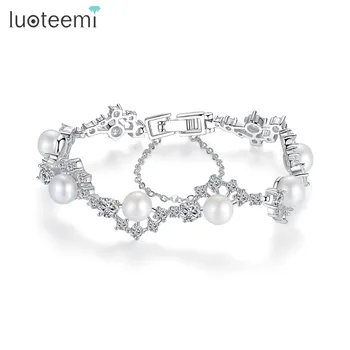 LUOTEEMI Freshwater Pearl Wedding Bridal Bracelet with Cubic Zirconia Crystal Rhinestones Bangles For Women