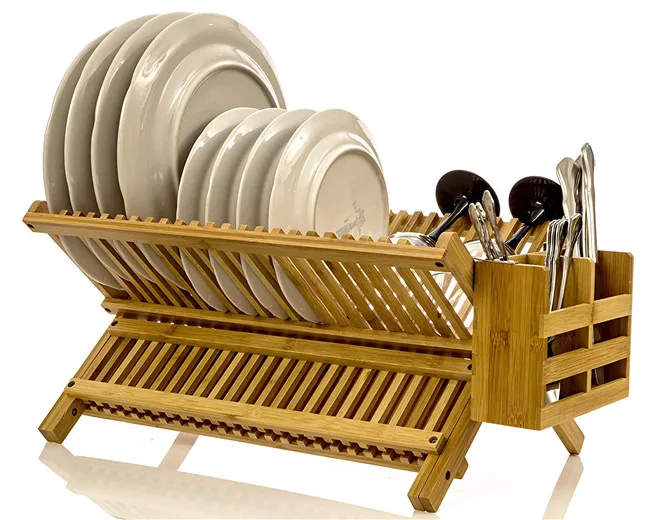 Dish Rack, Bamboo Folding 2-Tier Collapsible Drainer Dish Drying