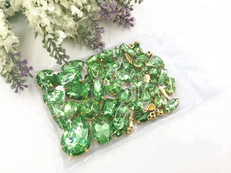 Light Green Mixed Shape Glass Flatback Rhinestone Sew-On Loose Rhinestones with Golden Claw