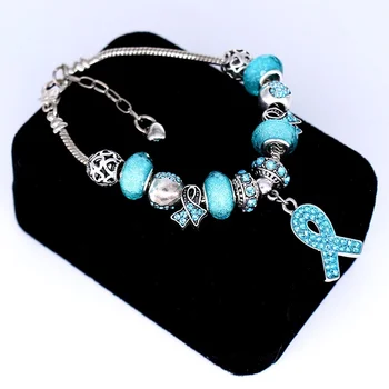 Custom Bracelet Ovarian Cancer Awareness Teal Crystal Ribbon Charms European Big Bead Bracelet