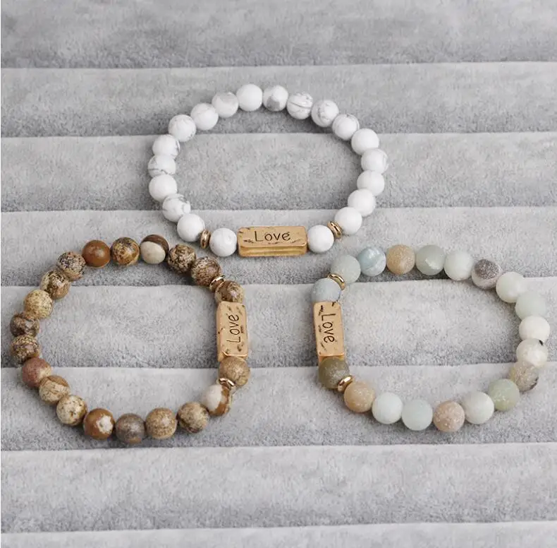 Hope Love Faith Blessed Stretch Metal Plate Engraved Message Stone Bead Bracelet