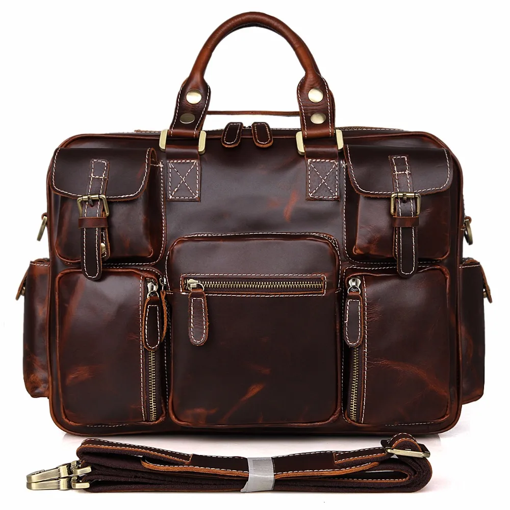 Genuine Leather Men's Briefcase Shoulder Laptop Bag Handbag Tote Bag  Multi-pocket Business Travel Leather Briefcase