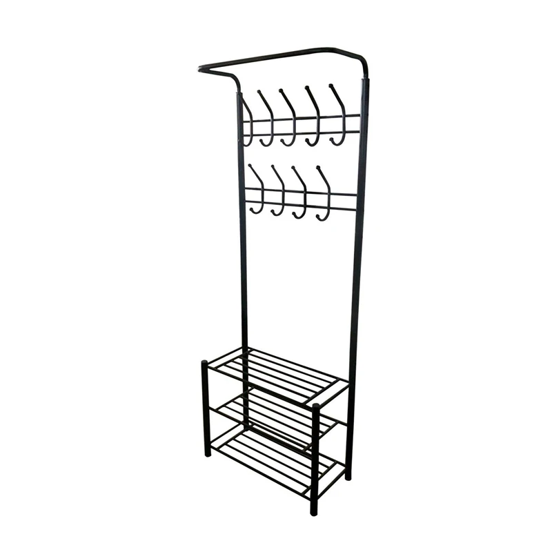 Black Metal Entryway Storage 3 Tier Shoe with Coat Hat Rack 18 Hooks