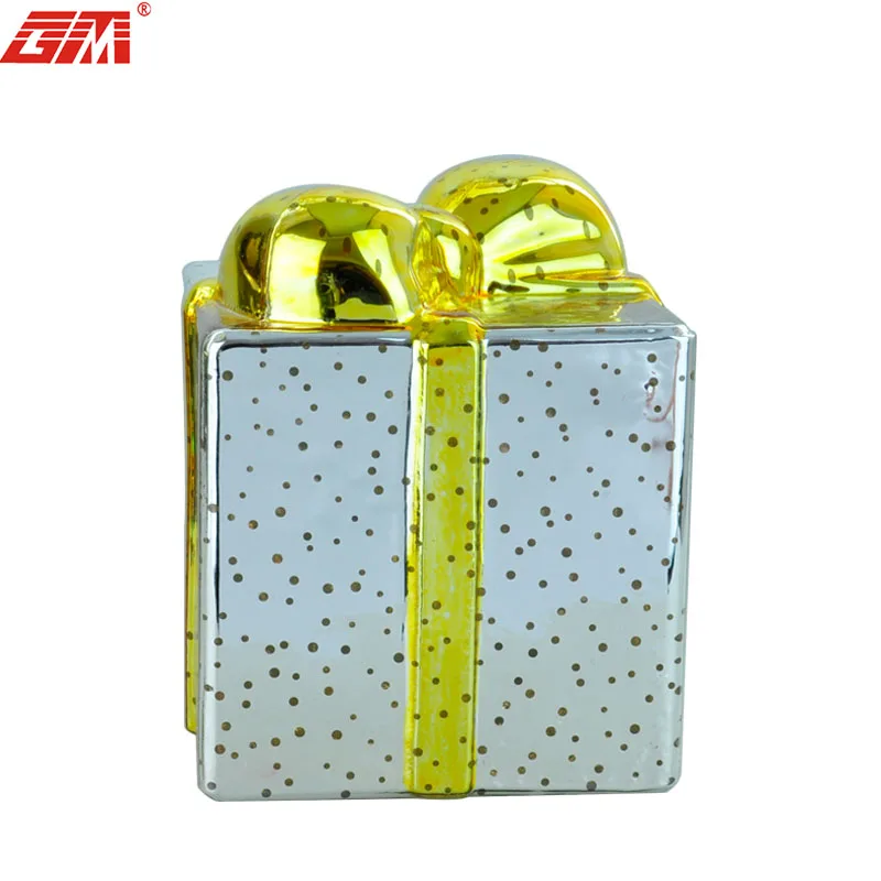 Popular led lighted glass gift box of christmas ornaments shaped ornaments christmas present decorations details