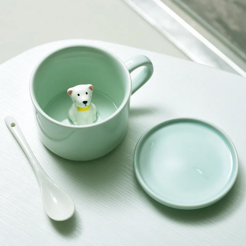 1pc 12oz Cat Mugs Cute Ceramic Coffee Cups with Kawaii Bamboo Lid