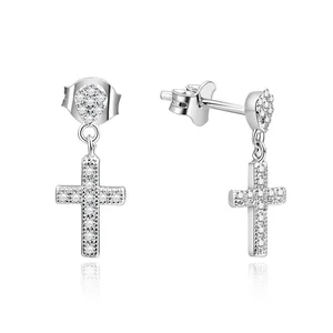 925 Sterling Silver Rhodium Plated Cross Earrings | Dangling Pendant Zirconia Accents | Hypoallergenic Religious Drop Earrings