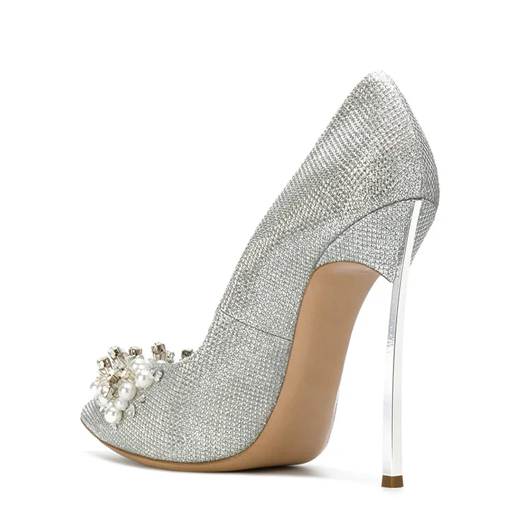 Silver Glitter With Pearls Diamante Women Dress Shoes Wedding Shoes ...