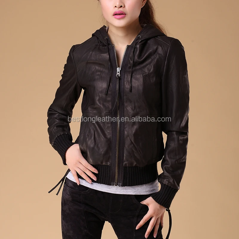 Guangzhou Manufactory Price OEM Winter Short Ladies Women Leather Hooded Jackets