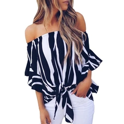 Женская рубашка в полоску, с открытыми плечами и рукавом-колоколом