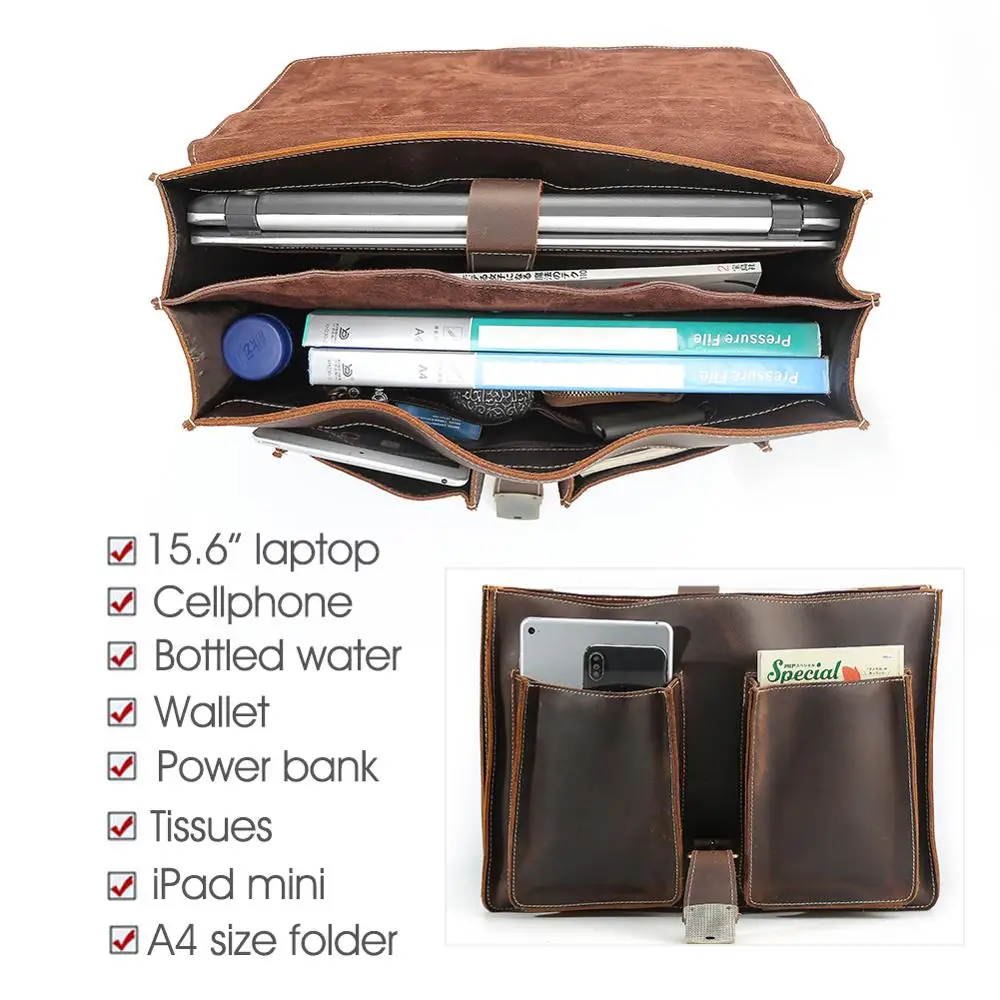 TIDING Custom Classical Vintage Crazy Horse Leather Mens Business Briefcase Combination Key Lock