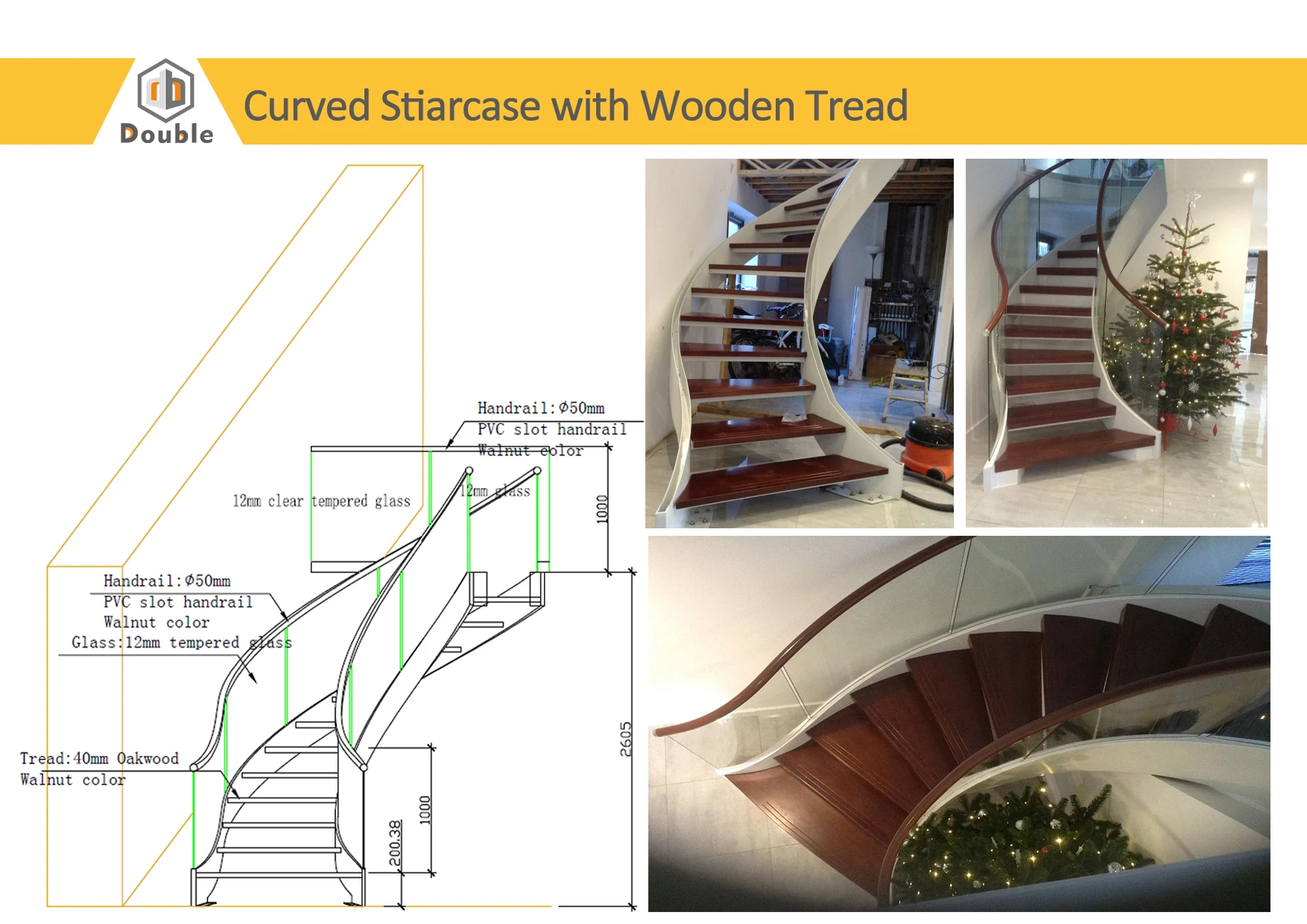 Curved/Arc spiral Staircase, Indoor staircase,Luxury Modern Home Decoration Glass decor stairs wooden Stairs details