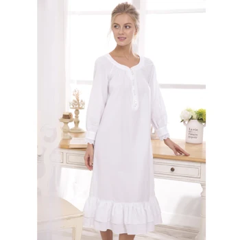 100% Cotton Adult Pajamas Women's Long Sleeve Plain White Nightgown