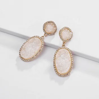 Geometric diamond embellished crystal oval shape druzy earrings