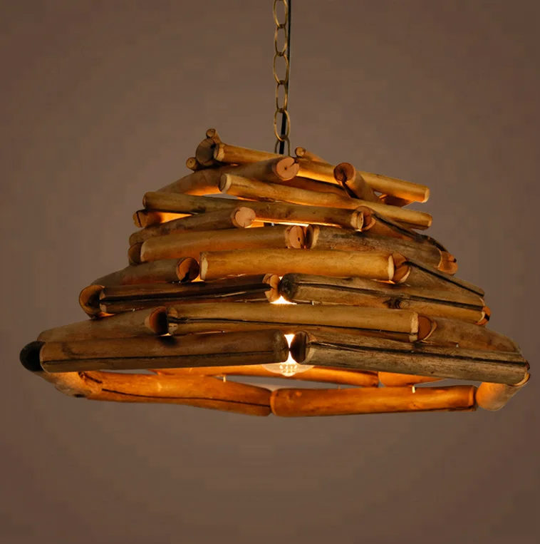Triangle Shape Handmade Bamboo Hanging Lamp Shades Lighting Indoor Decoration Antique Wood Chandelier Pendant Lamp