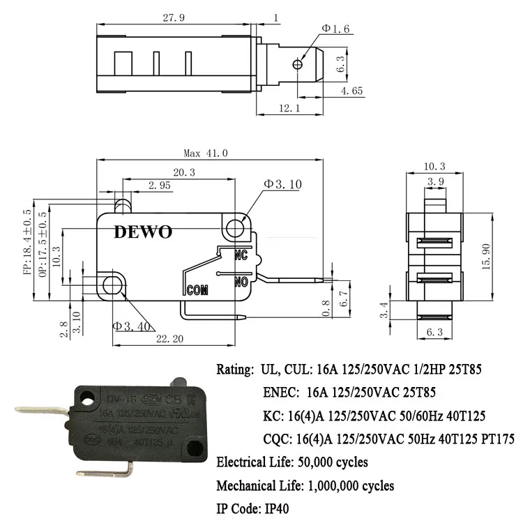 DEWO Manufacturer Micro Switch Normally Open Micro Switch 16A  250v T85 5e4 Micro Switch for Gas Hob