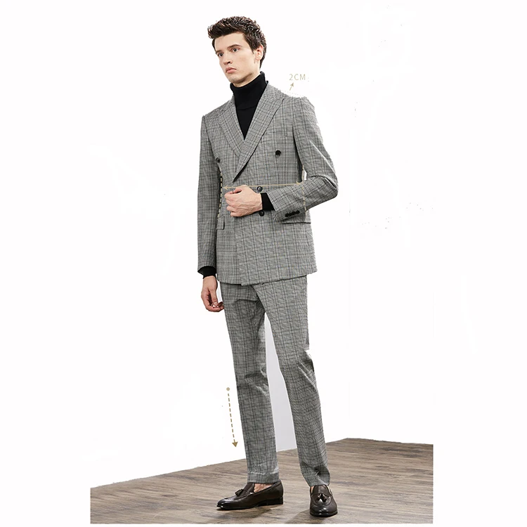 Fashion New Style Tweed Smooth Double Breasted Grey Plaid Feel Formal Business Men Suit