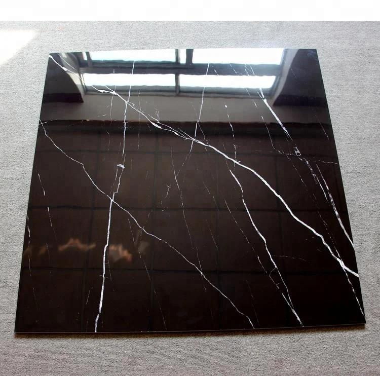 Modern Nero Marquina Marble Look Super Black Polished Vitrified Tiles with Firebrick Function for Interior Villa Use 800x800mm