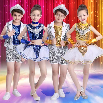 Sequin Stage Jazz Dance costumes Boys Girls Hip Hop Dancing Suits kids Morden dancing