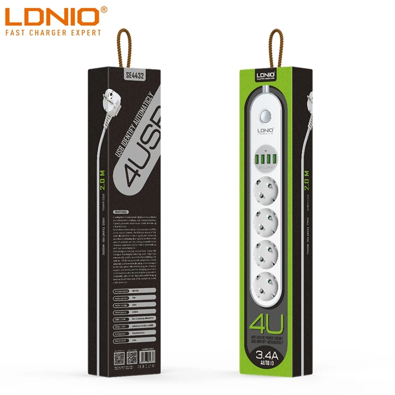 Удлинитель LDNIO с 4 USB-портами и 4 розетками, 2 м