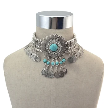 Vintage Silver Metal Statement Necklace Rhinestone Flower Coin Jewelry Choker Necklace