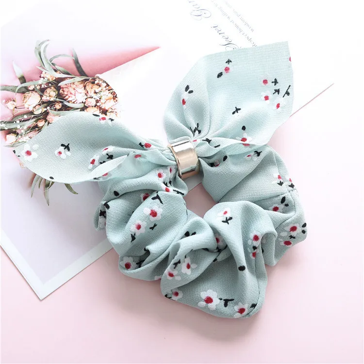 Fashion Flower Print Hair Scrunchies Bunny Ear Ponytail Holder Ties Women
