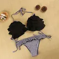 Womens Swimwear Ruffles Halter Bikini Sets Geometric Top Striped T back String Thong Beachwear Low Waist